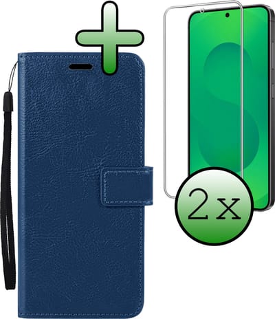 Hoesje Met Screenprotector - Geschikt voor Samsung Galaxy S25 FE - Luxe Pasjeshouder - Bookcase Portemonee - Flip Case - Kunstleer Book Case - Flipcase - Book Cover - Walletcase - Portemonneehoes - Donkerblauw