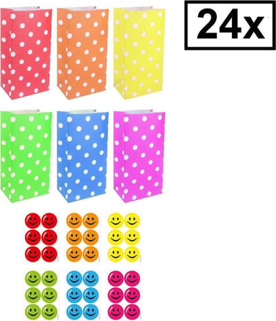 24 STUKS Traktatie Uitdeel papieren zakjes - Inclusief Stickers - Mix Kleuren Traktatiezakjes voor uitdeelcadeautjes