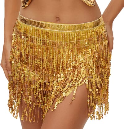 Allecto - Buikdansrok - Pailletten heuprok - Sprankelende franjes - Goud - Rave rok - Outfit voor dames en meisjes - Geschikt voor feestelijke gele...