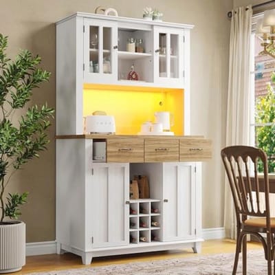 Witte Moderne Keukendressoir met Glazen Deur en LED Verlichting - Elegant en Praktisch Meubel voor Woonkamer en Eetkamer