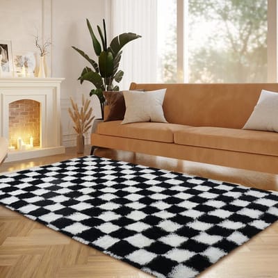 Hoogpolig geruit woonkamertapijt, modern en behaaglijk, 140 x 200 cm, wasbaar, super zacht, antislip, ideaal voor slaapkamer en kinderkamer, vachtlook, grijs-zwart