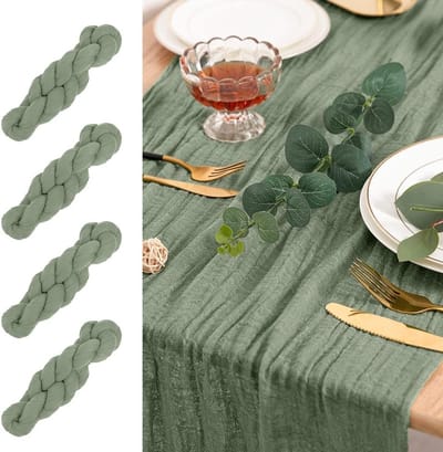Tafelloper Set van 4 Stukken in Saliegroen, Boho Mesh Design voor Bruiloften en Feestjes, 90 x 300 cm, Perfect voor Tafeldecoratie en Rustic Styling