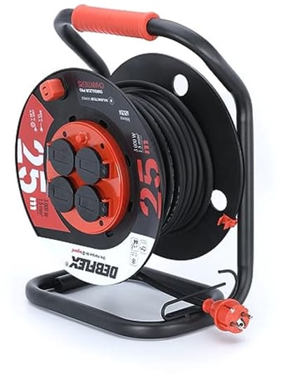 Oproller HO7RR-F 3G1,5 – 4 waterdichte stopcontacten – IP44 – 25M – kunststof – zwart en rood
