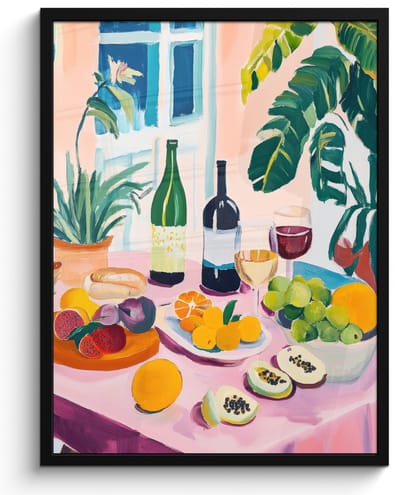 Poster in lijst - Fotolijst 60x80 cm - Posters - Tafel - Wijn - Fruit - Posterlijst zwart - Decoratie - Wanddecoratie woonkamer - Muurdecoratie slaapkamer