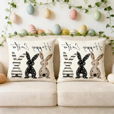Decoratieve Kussenhoezen Set van 2 voor Pasen 45 x 45 cm, Modern Design met Konijn voor Woonkamer en Tuin, Linnen Look Kussenhoezen voor Lente en Feestdagen