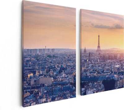 Artaza Canvas Schilderij Tweeluik Skyline Van Parijs Tijdens Zonsondergang - 80x60 - Foto Op Canvas - Canvas Print