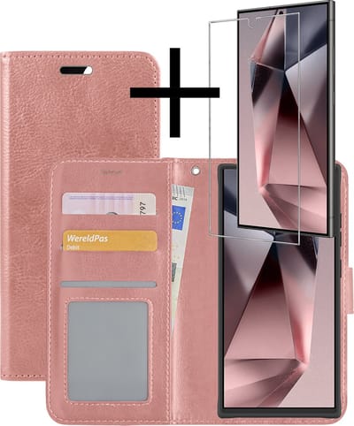 Hoesje - Met Screenprotector - Geschikt voor Samsung Galaxy S24 Ultra - Luxe Pasjeshouder - Bookcase Portemonee - Flip Case - Kunstleer Book Case - Flipcase - Book Cover - Walletcase - Portemonneehoes - Rosé goud