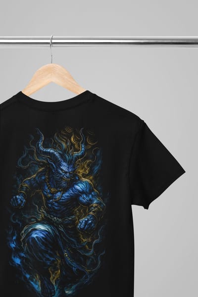 Oversized shirt - Azul demon - Wurban Wear | Draak | Anime streetwear | Asian streetwear | Streetwear | Geisha | Techno outfit | Fantasy shirt | Gym shirt | y2k | Tattoo | Urban | Grote maten | Japanese mythology | Samurai | Zwart