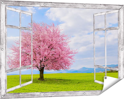 Gards Tuinposter Doorkijk Roze Sakura Bloesem Boom in het Groene Veld - 120x80 cm - Tuindoek - Tuindecoratie - Wanddecoratie buiten - Tuinschilderij