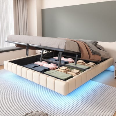 Gestoffeerd bed 180x200 cm beige - Hydraulisch opbergbed - LED-verlichting - Linnenstof - bed met opbergruimte - 250 kg draagkracht - voor slaapkamer