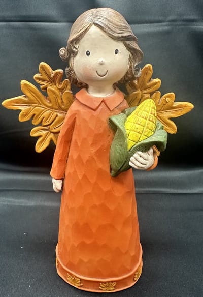 Decoratief beeld "Engel met maiskolf"- oranje - polyresin - hoogte 20 x 14 x 8 cm - Woonaccessoires - Decoratieve beelden