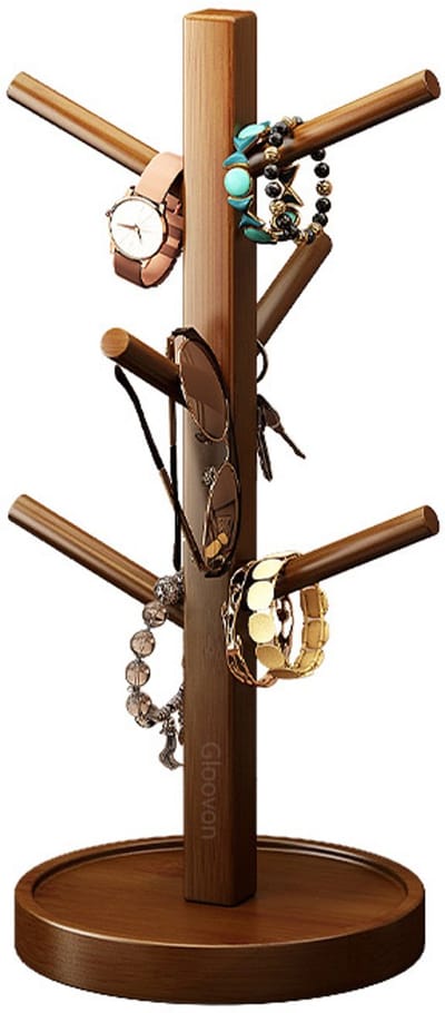 Gloovon® Multifunctionele Bamboe Standaard - 6 Haken - Sieradenboom & Sleutelhouder - 31cm Hoog - Walnoot Kleur