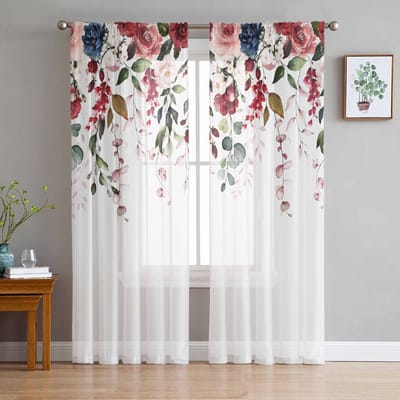 Valentijnsdag Roze Roos Bloemplant Transparante Gordijnen voor Woonkamer Decoratie Raamgordijnen Keuken Tule Voile Gordijnen W135 x H115cm x1 white
