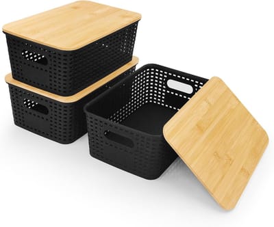JGS Premium - Opbergdoos met bamboedeksel 3 stuks zwart - Badkamerorganizer 5L - Badkamerbox - Keukenopbergdozen - 25 x 18 x 10 cm