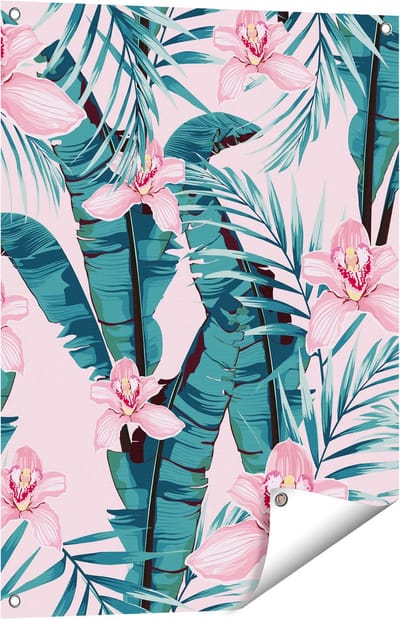 Gards Tuinposter Tropische Roze Zomer Bloemen met Bladeren - 60x80 cm - Tuindoek - Tuindecoratie - Wanddecoratie buiten - Tuinschilderij