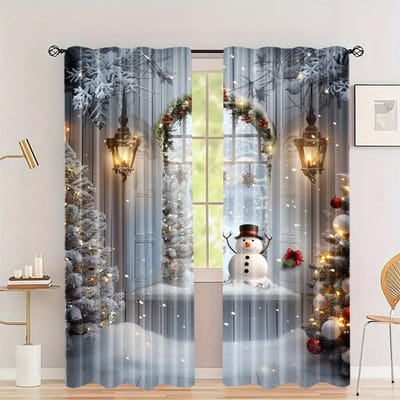 2-delige set rode kerstgordijnen met groen blad, zacht polyester, ontwerp met roedezak voor woonkamer, slaapkamer, keuken en kantoor W60xH100(CM)x2pcs&Rod Pocket
