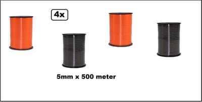 4x Krullint oranje en zwart 5mm x 500m - Halloween krul lint kerst thema feest decoratie kado kado black and white verjaardag