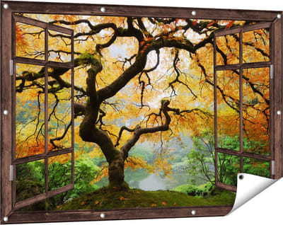 Gards Tuinposter Doorkijk Oude Knoestige Boom - 120x80 cm - Tuindoek - Tuindecoratie - Wanddecoratie buiten - Tuinschilderij