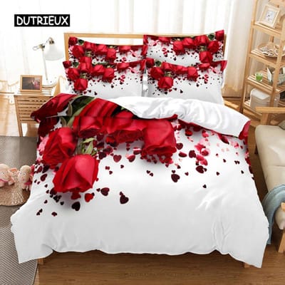 Red Rose Beddengoed Set Dekbed/Dekbedovertrek Kussensloop 3D HD Dubbele Volledige Koning Koningin Twin Single 3/2 STUKS Polyester dekbedovertrek AU Queen(210x210cm)