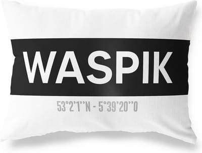 Tuinkussen WASPIK - NOORD-BRABANT met coördinaten - Buitenkussen - Bootkussen - Weerbestendig - Jouw Plaats - Studio216 - Modern - Zwart-Wit - 50x30cm
