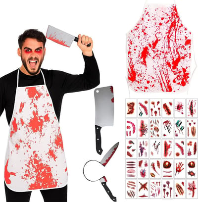 Griezelig Halloween Kostuum voor Mannen met Bloedige Schort, Bloedende Mes en 30 Zombie Tattoos voor Carnaval en Cosplay