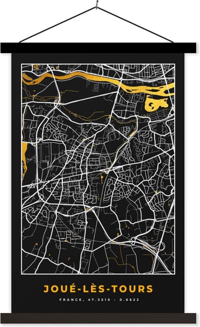 Posterhanger incl. Poster 40x60 cm - Schoolplaat - Joué-les-Tours - Stadkaart - Plattegrond - Kaart - Frankrijk - Textielposter - Zwarte latten - Stadskaart