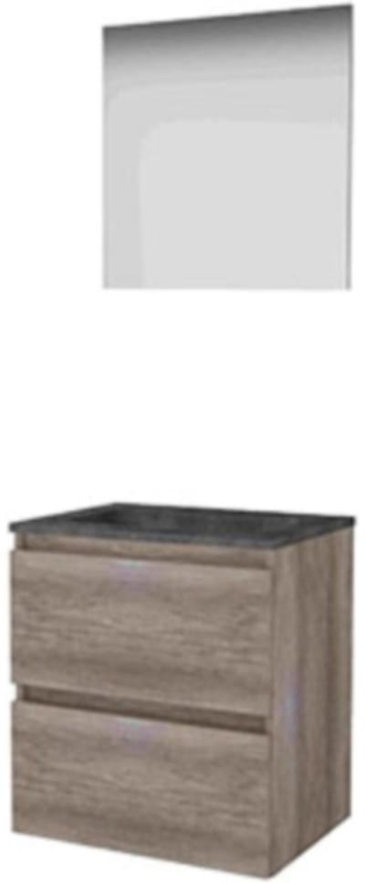 Basic-Line Basic 46 Badkamermeubelset - 60 x 46 cm - Greeploos - 2 Lades - Hardstenen Wastafel - 1 Kraangat - Spiegel - Scotch Oak
