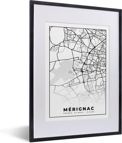 Fotolijst incl. Poster Zwart Wit- Mérignac - Frankrijk - Plattegrond - Stadskaart - Kaart - Zwart wit - 30x40 cm - Posterlijst