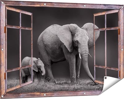 Gards Tuinposter Doorkijk Olifant Moeder en Zoon - Zwart Wit - 120x80 cm - Tuindoek - Tuindecoratie - Wanddecoratie buiten - Tuinschilderij