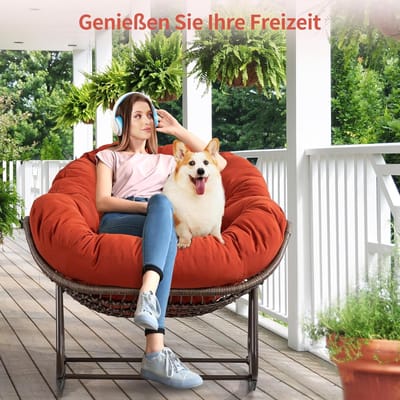 Schommelstoel Papasan XXL 71 x 30 x 80 cm Oranje – Extra Brede Relaxstoel met 15 cm Dik Kussen, Rotan Look, Stalen Frame, Binnen & Buiten, Lounge Fauteuil voor Woonkamer, Tuin en Balkon – Mobili Bella