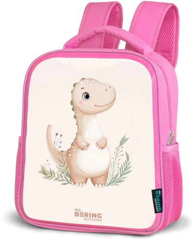 NoBoringSuitcases.com® - Rugzak roze - Schooltas meisjes - Beige dinosaurus met groene blaadjes - Kinder rugtas meisje - Boekentas kind - Kinderrugzak voor school - Schoolrugzak
