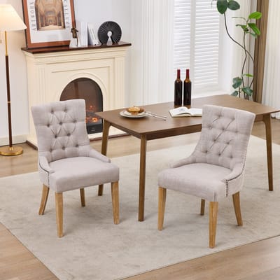 MODENUIT Eetkamerstoel – Stoffen Bekleding – Set van 2 – Gevoerde Rugleuning met Eikenhouten Poten – Beige