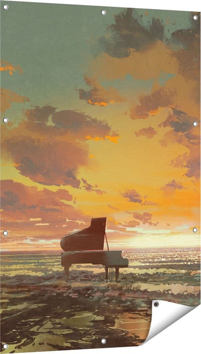 Gards Tuinposter Piano op het Strand bij Zonsondergang - 80x120 cm - Tuindoek - Tuindecoratie - Wanddecoratie buiten - Tuinschilderij