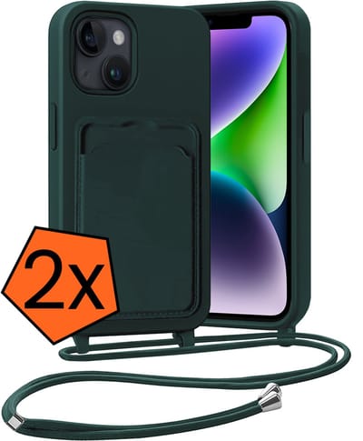 Hoesje Geschikt voor iPhone 14 Hoesje Met Telefoonketting Pasjeshouder Case Koord - Hoesje Geschikt voor iPhone 14 Hoes Met Kaarthouder - Donkergroen - 2 PACK