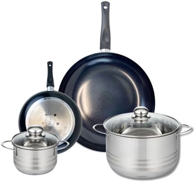 Set van 2 Koekenpannen 20 en 32 cm en 2 Kookpotten 16 en 24 cm Elo Prima Glanzend