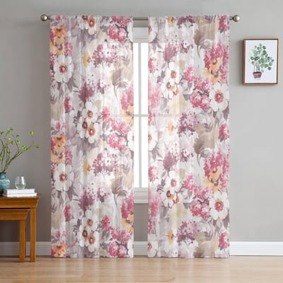 Lente Textuur Aquarel Bloem Hortensia Tule Gordijnen Voor Woonkamer Keuken Transparant Voile Gordijn Slaapkamer Raampanelen 135W x 114H(cm) white