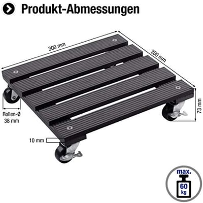 Plantenroller 300 x 300 mm met wieltjes voor binnen en buiten, 60 kg draagkracht, waterbestendig, met vergrendeling