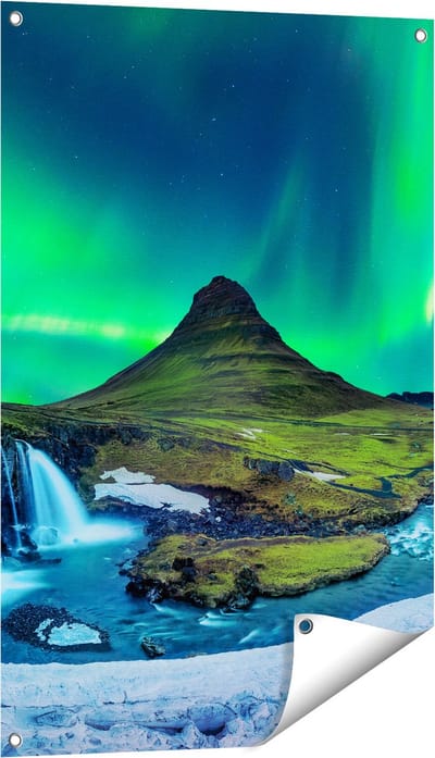 Gards Tuinposter Noorderlicht bij de Watervallen in IJsland - 60x90 cm - Tuindoek - Tuindecoratie - Wanddecoratie buiten - Tuinschilderij