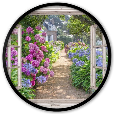 Poster in lijst Rond - Fotolijst 40x40 cm - Posters - Hortensia - Doorkijk - Bloemen - Zomer - Paars - Pad - Ronde posterlijst zwart - Decoratie - Wanddecoratie woonkamer - Muurdecoratie slaapkamer