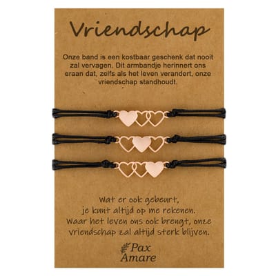 Vriendschapsarmbandjes voor 3 "Vriendschap" - Hartjes - BFF Armbandjes met Cadeau Kaartje - Rosé Goud & Zwart - Elastisch Verstelbaar - Pax Amare