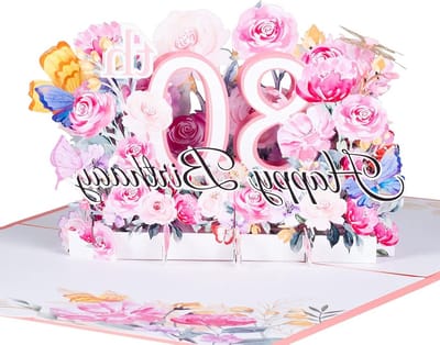 3D Verjaardagskaart - Pop-up Kaart Jubileumkaart - 80e Verjaardag Vieren - Bloemen en Vlinder Design - 18 x 13 cm