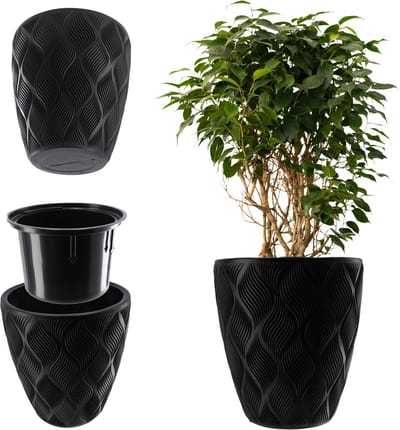 KADAX Bloempot met inzetstuk en handgrepen, plantenbak van kunststof in 5 maten, uv-bestendig, weerbestendig, hoog, met 3D-effect, zwart, 39 cm