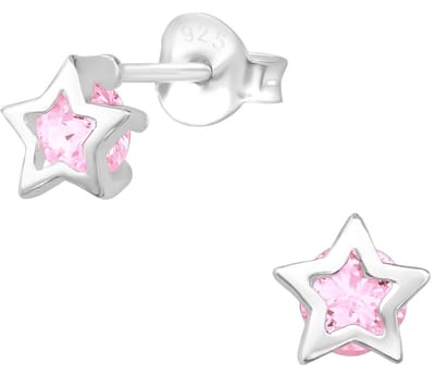 Joy|S - Zilveren ster oorbellen - 6 mm - ster met ingezette zirkonia roze - oorknoppen