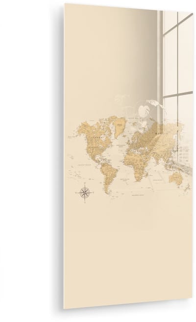 MuchoWow® Glasschilderij 40x80 cm - Schilderij acrylglas - Wereldkaart - Realistisch - Beige - Foto op glas - Muurdecoratie woonkamer - Wanddecoratie slaapkamer - Schilderijen