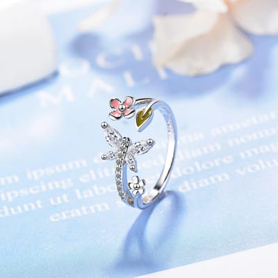 925 Sterling Zilver Vlinder Zirconium Vingerring Met Bloemenversiering Voor Beste Kerstfeest Cadeau S-R386 Resizable white