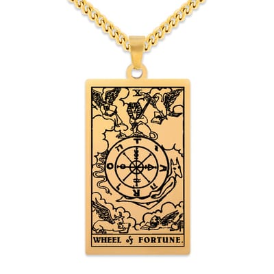 Tarot Ketting X: Het Rad van Fortuin / Wheel of Fortune - Goudkleurig Stainless Steel - Grote Arcana uit Rider-Waite Geïnspireerd - 60cm - Pax Amare