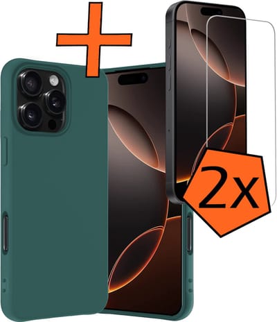 Hoes - Met 2x Screenprotector - Geschikt voor Apple iPhone 16 Pro - Sterk & Shockproof - Back Cover - Siliconen Case - Telefoon Hoes - Donkergroen