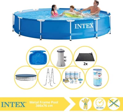Intex Rond Frame Zwembad - 366 x 76 cm - Blauw - Inclusief Pomp - Afdekzeil - Onderhoudspakket - Filter - Solar Mat - Ladder - Voetenbad - 8-delig