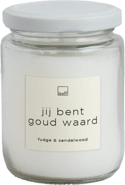 LEEFF - Geurkaars in bokaaltje - JIJ BENT GOUD WAARD - Geur: Fudge & Sandelwood - 6,7 cm x 9 cm - wit