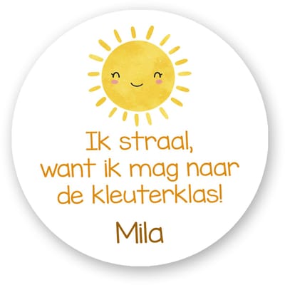 Traktatiestickers Kleuterklas – Ik straal want ik mag naar de kleuterklas | 25 stuks | 4 cm